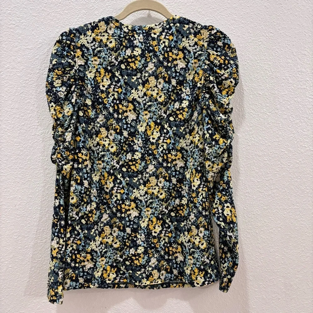 Loft | blue and yellow puff ruched long sleeve shirt